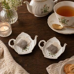 Hollohaza Hungary Porcelain Tea Bag Holders Pair Green Rose Gold